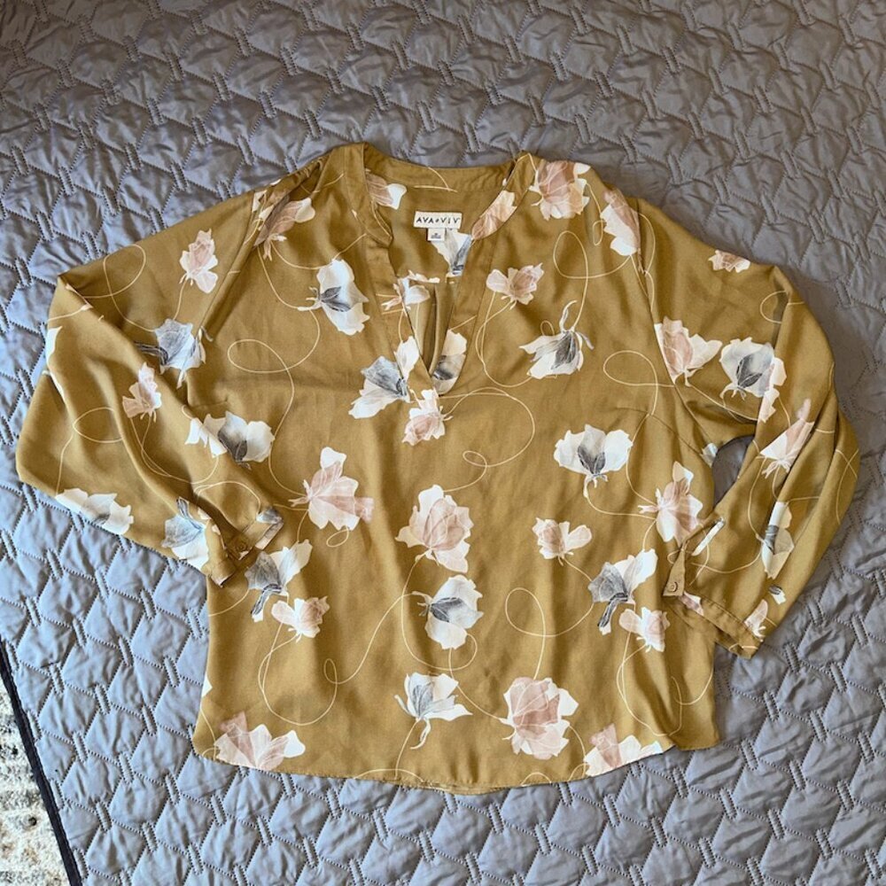 Mustard Yellow Ava & Viv 2x Women's Long Sleeve V Neck Blouse - Picture 8 of 8